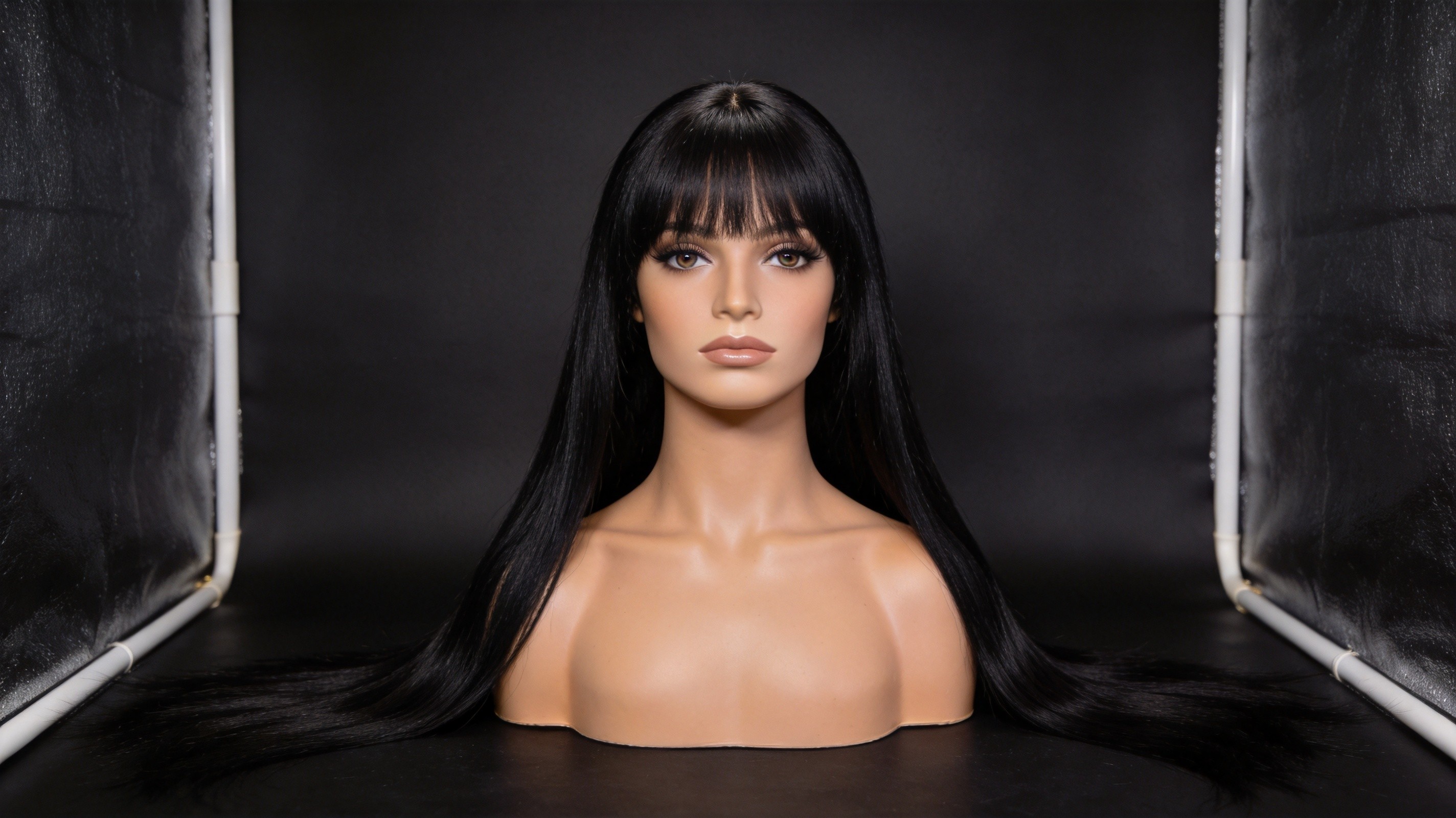 Human hair wig on mannequin head — Wigiva factory product photography